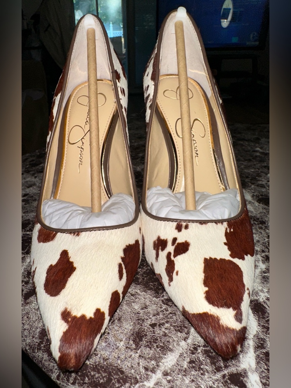 Jessica Simpson Brown and White Cow Print Pointed Toe Heels